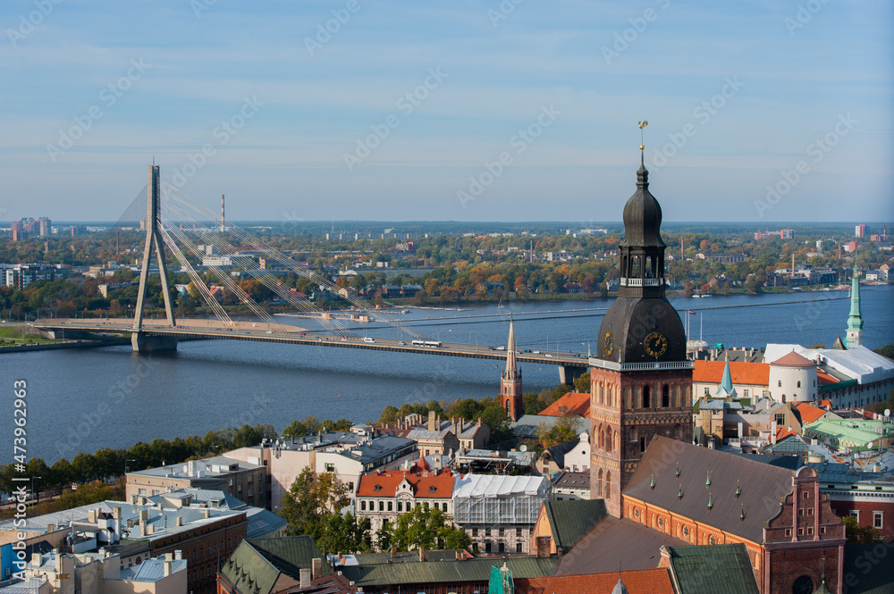 A top view of the bridge over the Western Dvina in Riga