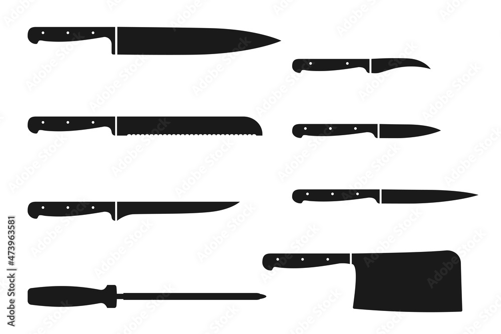 Set of various kitchen knives. Black icon design kitchen utensil. Set of various kitchen knives. Black icon design kitchen utensil.