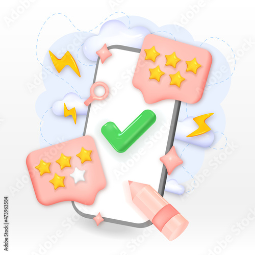 People Characters Giving Five Star Feedback. Reviews stars with good rate for give score point to review the service business concept. Customer Service and User Experience Concept. 3D vector illustrat