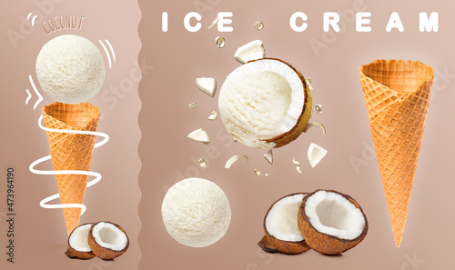 Coconut ice cream. Coconut explosion ice cream ball with cone and coconut photography on colored background. 3D illustration for banners, landing pages and web pages with summer motifs photo