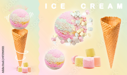 Marshmallow ice cream. Scoops of marshmallow ice cream with waffle cone and marshmallow photography. 3D illustration for banners, landing pages and web pages with summer motifs