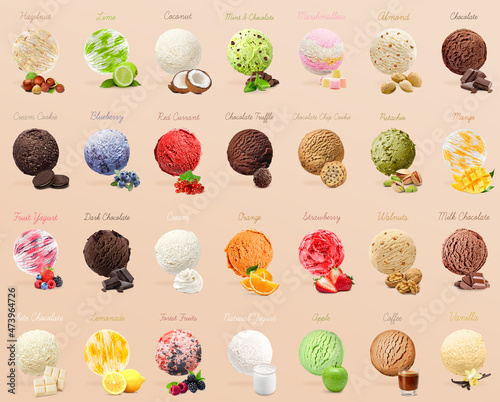 Set of ice creams with different flavors. Ice cream menu with scoops. Hazelnut, lime, coconut, mint chocolate, marshmallow, almond,  cream, blueberry, red currant, truffle, chip cookie, pistachio, man