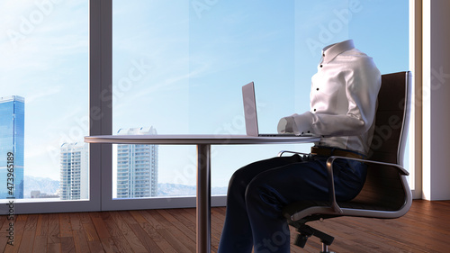 Three dimensional render of invisible person working on laptop in office