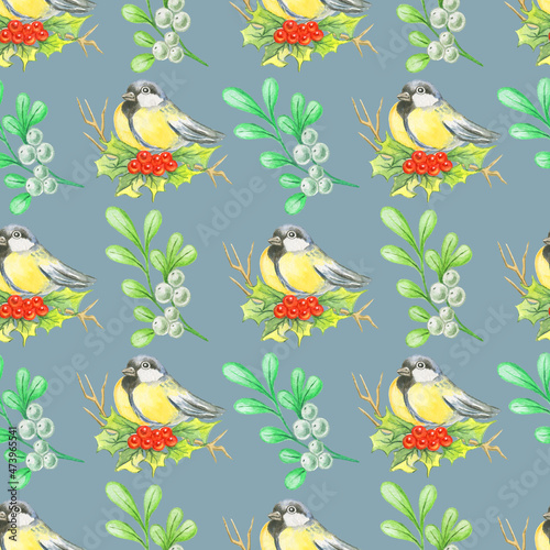 Watercolor seamless winter pattern with titmouse and mistletoe isolated on dark blue background.Good for fabrics,textile,wrapping,packaging.