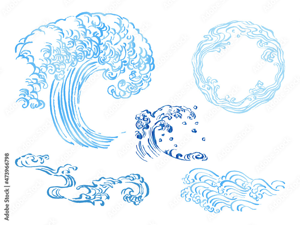和風イラスト 毛筆のダイナミックな青い波セット 海や水しぶき 和波コレクション かすれ 線画 曲線 Stock Vector Adobe Stock