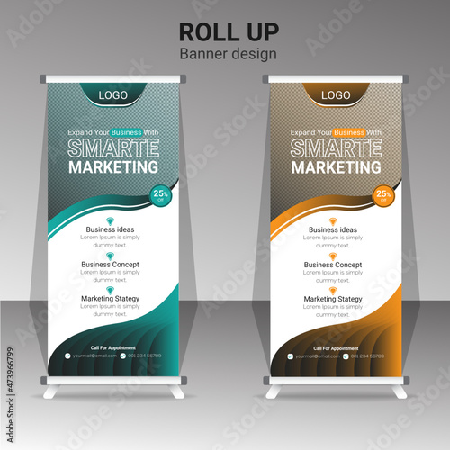 Modern business roll up banner. template layout with abstract style use for commercial board and exhibition ads with paper shapes design vector illustration.
