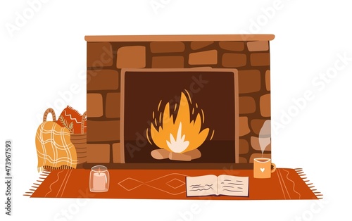 Cozy fireplace isolated on white background. Reading nook near fireplace concept. Vector flat illustration