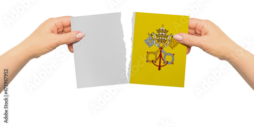 World countries. Woman hands are are holding two parts of flag. Vatican