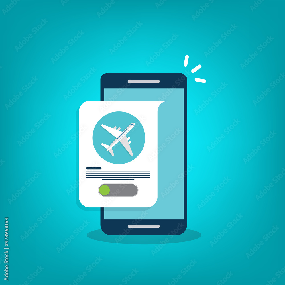 Airplane mode - flight mode. Airplane mode switched on. Air plane smartphone notice. Airplane mode - flight mode. Airplane mode switched on. Air plane smartphone notice.