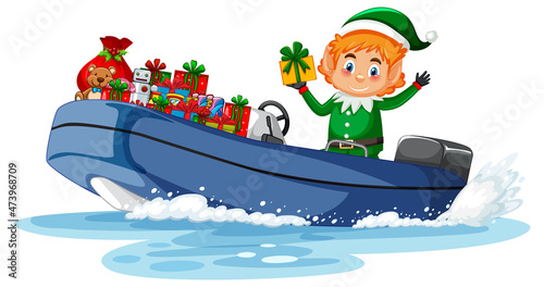 Christmas elf on the boat with his gifts