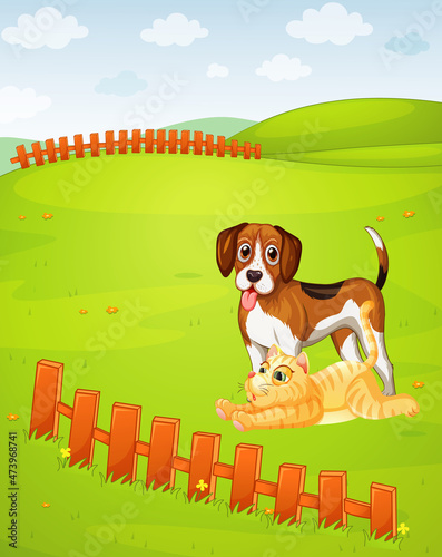 Beagle dog and cat on the meadow