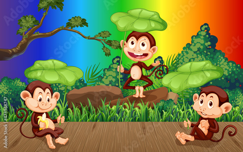 Fototapeta Naklejka Na Ścianę i Meble -  Three monkeys in the forest on gradient rainbow background
