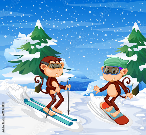 Snow scene with little monkeys skiing