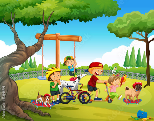 Playground scene with children playing with dogs