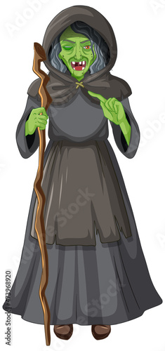 Green old witch character on white background
