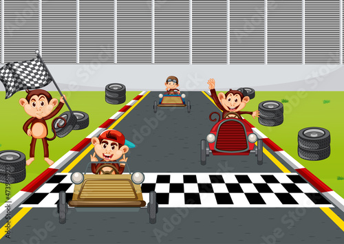 Race track scene with monkey racing drivers