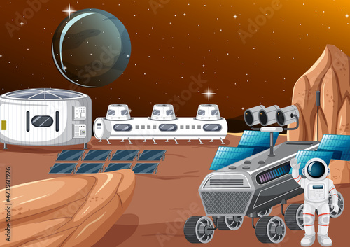 Space station on planet landscape