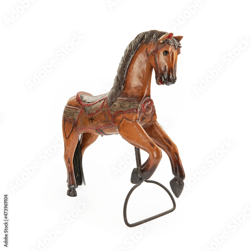 Vintage wooden horse toy on white background