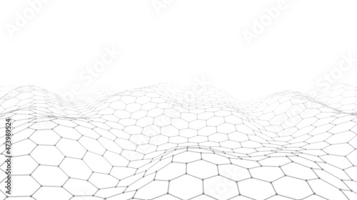 Abstract hexagon white wave with moving dots and lines. Flow of particles. Cyber technology illustration. Vector illustration.