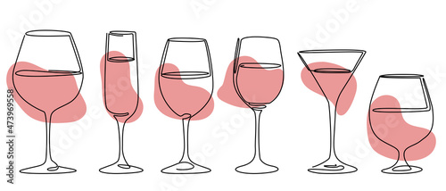 one line glass with pink spot, continuous line drawing, wineglass