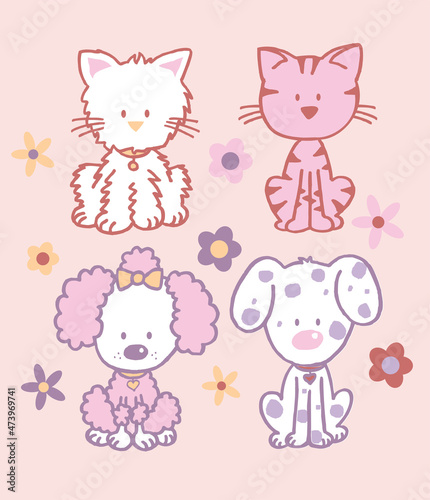 baby cat and dog flower background cartoon vector illustration cute kitten and puppy art for kids t shirt, frocks, print, poster, greeting card invitation, badges, stickers, book covers and mugs.