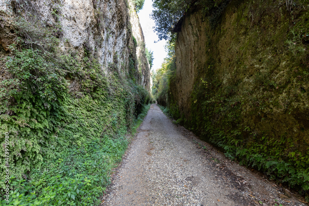 Via Cava Il Cavone, the Etruscan Vie Cave (roads dug into the tuff). Città del Tufo archaeological park. Sorano, Sovana, Tuff city in Tuscany. Italy Via Cava Il Cavone, the Etruscan Vie Cave (roads dug into the tuff). Città del Tufo archaeological park. Sorano, Sovana, Tuff city in Tuscany. Italy