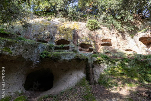 Tomb of Tifone in The Etruscan Necropolis of Sovana. Città del Tufo archaeological park. Sorano, Sovana, Tuff city in Tuscany. Italy