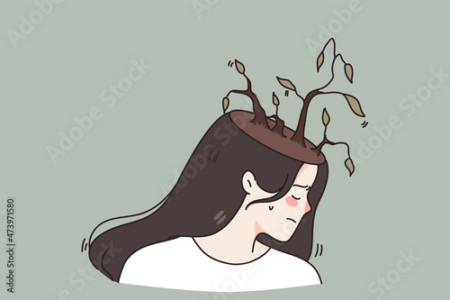 Unhappy young woman with bare desert trees on head suffer from mental psychological problems. Upset stressed girl struggle with depression or despair need help. Healthcare. Vector illustration. 