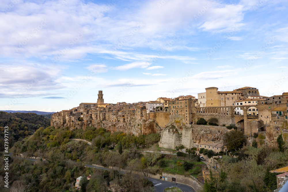 Pitigliano, Tuscany, Italy. Landscape of the picturesque medieval town founded in Etruscan time on the tuff hill