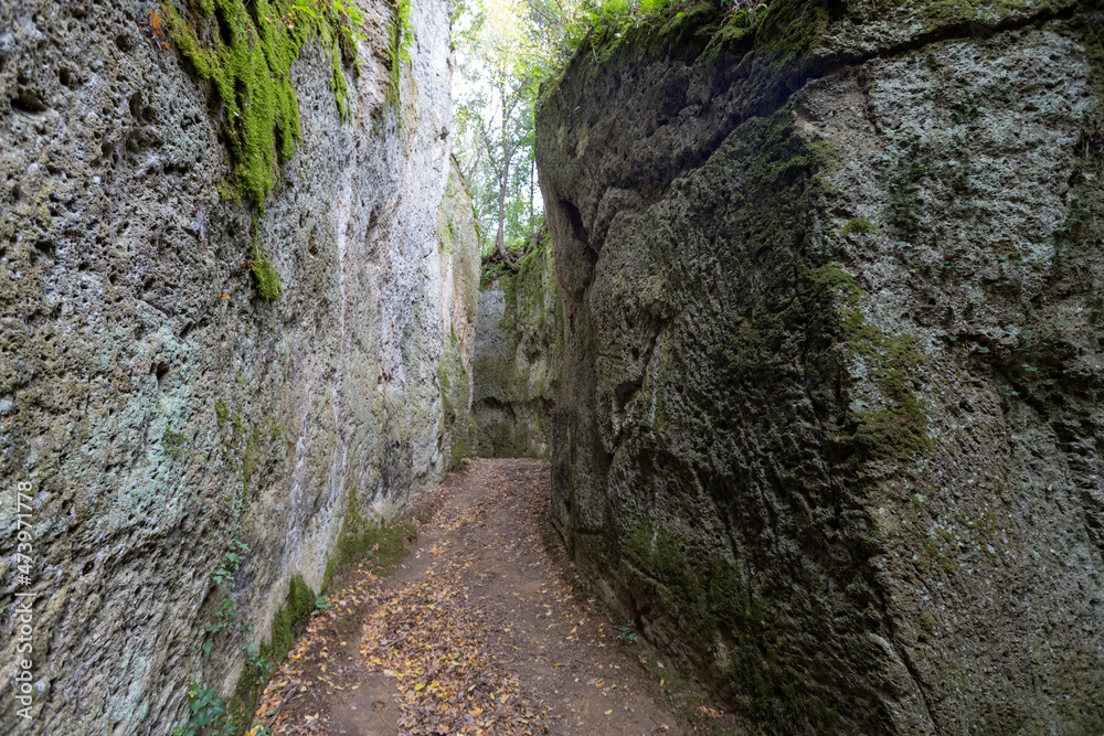 Via Cava di Fratenuti, the Etruscan Vie Cave (roads dug into the tuff). Pitigliano, Tuff city in Tuscany. Italy