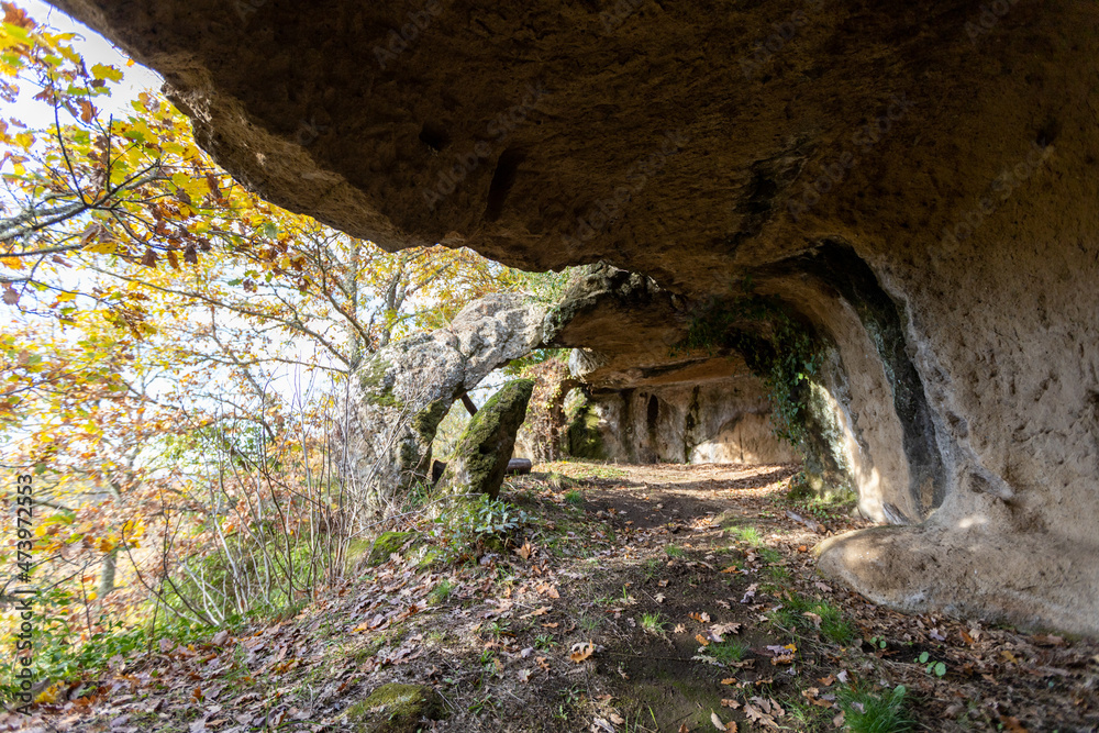cave settlement of Vitozza dug into the tuff. Città del Tufo archaeological park. Sorano, Sovana, Tuff city in Tuscany. Ital