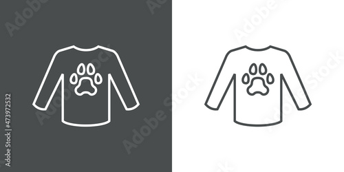 Pet friendly. Logotipo con silueta de zarpa de gato o perro en suéter de invierno con líneas en fondo gris y fondo blanco