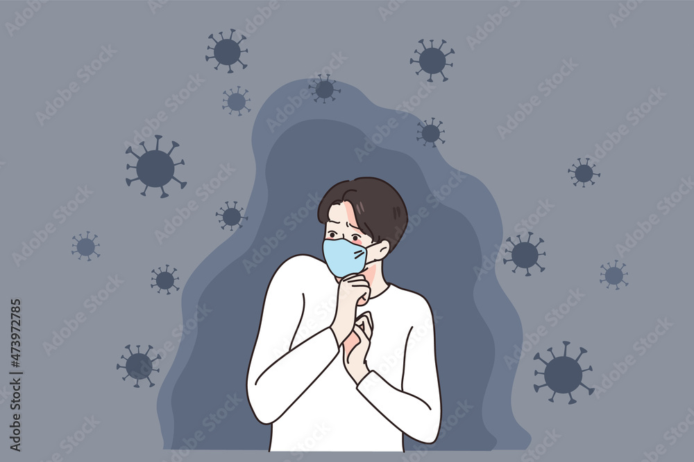 Obraz premium Scared young man in facemask afraid of covid-19 infection. Terrified guy in facial mask frustrated with corona virus spread. Coronavirus pandemics. Healthcare and medicine. Vector illustration. 