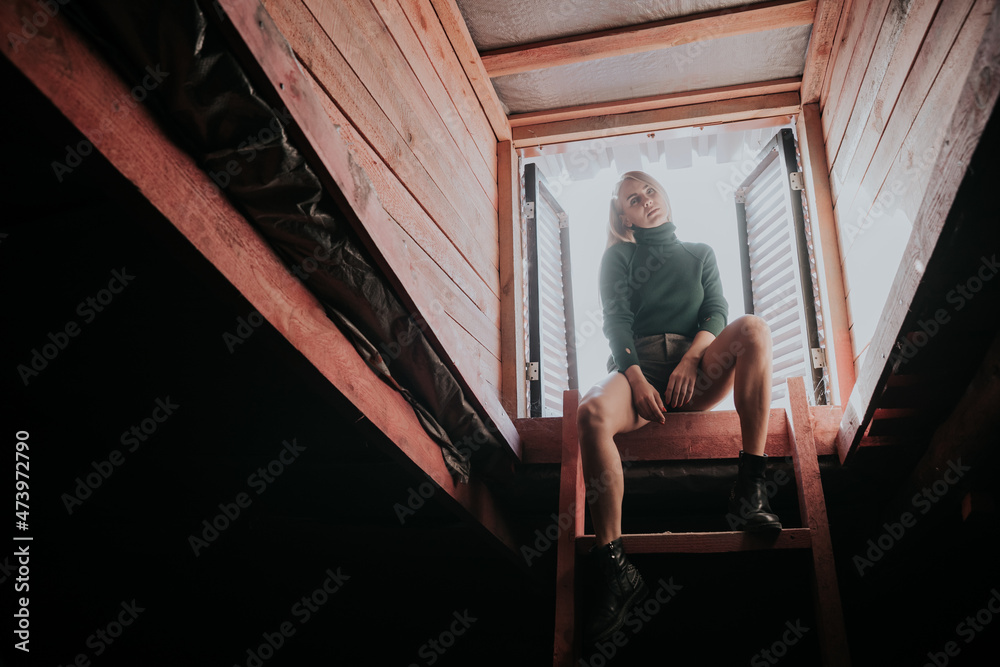beautiful blonde woman on the stairs of the roof of the attic beautiful blonde woman on the stairs of the roof of the attic