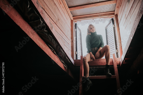 beautiful blonde woman on the stairs of the roof of the attic © dmitriisimakov