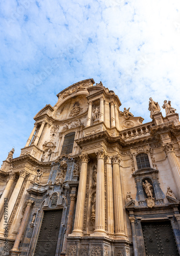 Low angle view of Cathedral Church of Saint Mary in Murcia on a cloudy day