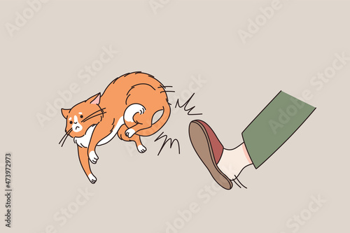 Person kick poor cat with leg, throw pet out of house. Cruel angry man beat kitty abuse domestic animal. Aggressive kitten owner show aggressive behavior. Cruelty concept. Flat vector illustration. 