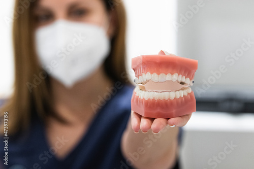 Female dentist holding dentures at clinic during COVID-19