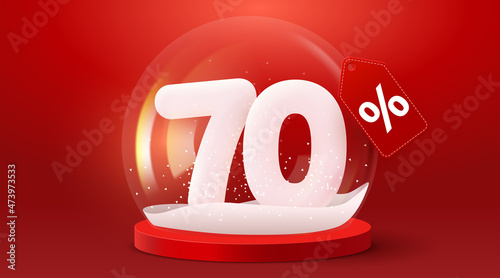 70 percent Off. Discount creative composition. Sale symbol in Glass snow globe. Christmas decorative design.