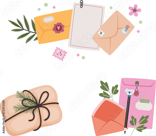 Snail mail concept. Set of envelopes, paper, letters, pencil, and package. Vector illustration.