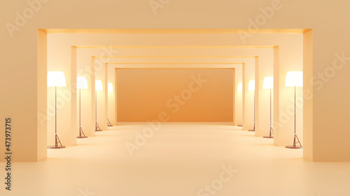 Three dimensional render of beige colored corridor illuminated by rows of floor lamps photo