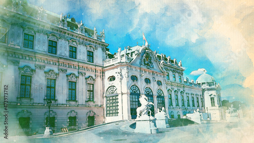 Watercolor pattern of Vienna Austria colorful illustration card Belvedere palace garden
