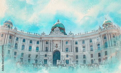 Watercolor pattern of Vienna Austria colorful illustration card hofburg