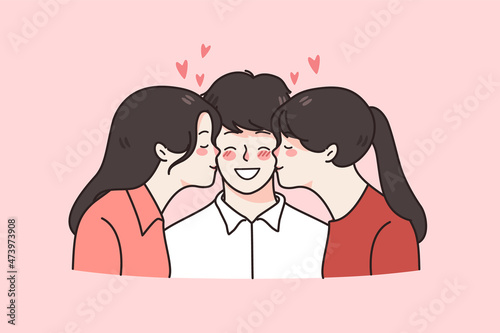 Overjoyed young man kissed by beautiful women in cheeks. Girls show love and affection to happy guy. Relationship triangle concept. Ladies flirt with successful businessman. Vector illustration. 