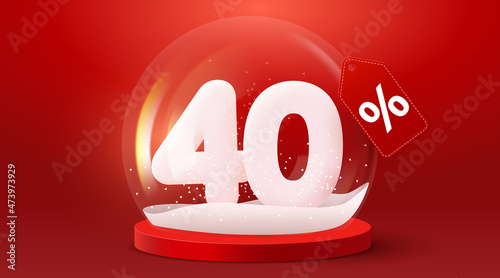 40 percent Off. Discount creative composition. Sale symbol in Glass snow globe. Christmas decorative design.
