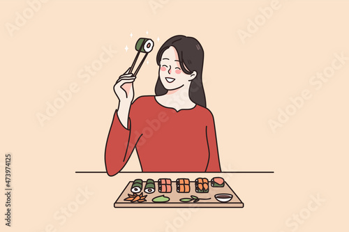 Smiling young woman in modern Japanese restaurant eating sushi with chopsticks. Happy millennial girl enjoy delicious japan food in cafe. International traditional cuisine. Vector illustration. 