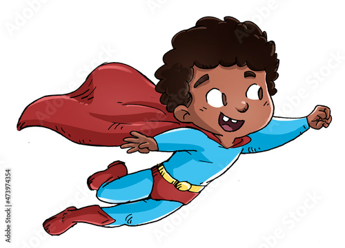 Illustration of African American superhero boy flying photo