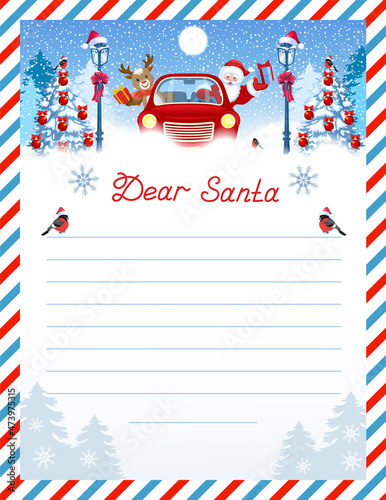 Santa letter template with wish list and cartoon Santa Claus and fawn deer in red vintage car with gift box against winter forest background.