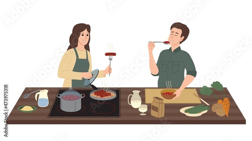 Cooking on the kitchen table. Smiling man and woman prepare food in the kitchen from dough, vegetables, eggs, oil, cereals and other food. Flat vector illustration isolated on white background.