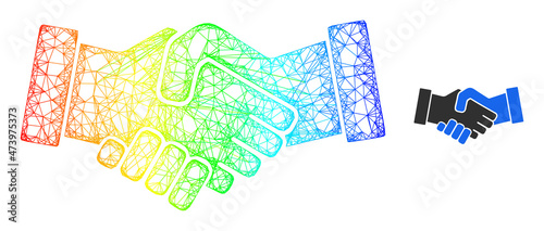 Crossing mesh business hands carcass illustration with rainbow gradient. Colored frame mesh business hands icon. Flat carcass created from business hands icon and intersected lines.